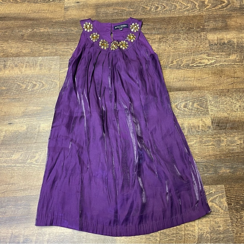 Mini Boden Girl's Sleeveless Purple Gold Embellishment Size 11-12Y Party Dress